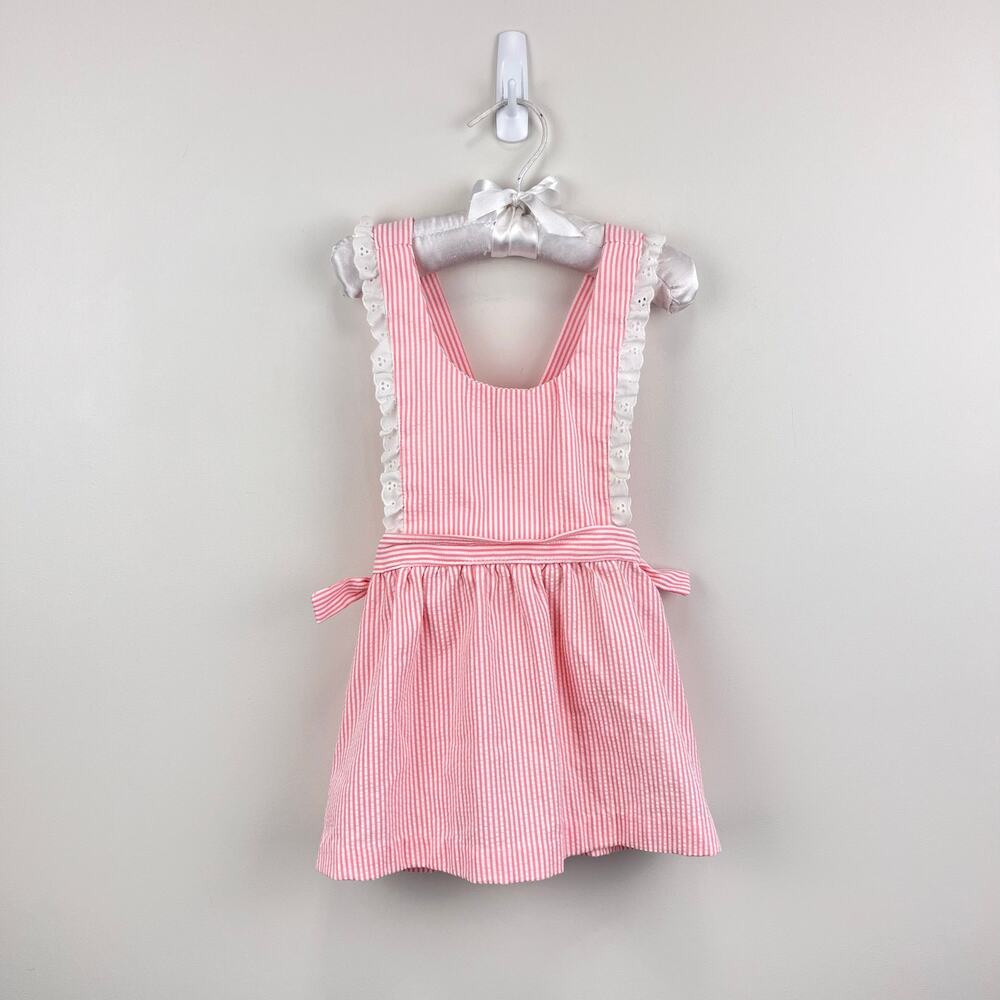 Vintage Bee Mine Pink Seersuck Stripe Lace Ruffle Pinafore Dress 3T